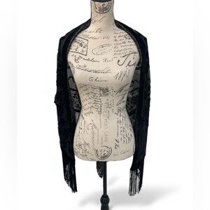 Lyric Culture Black Burnout Velvet Fringe Shawl Wrap Reversible Script Print